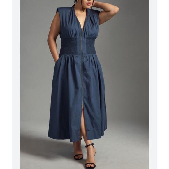 Anthropologie Dresses & Skirts - Anthropologie The Tommie Cap-Sleeve Smocked Front-Zip Shirt Dress Midi Denim 1X
